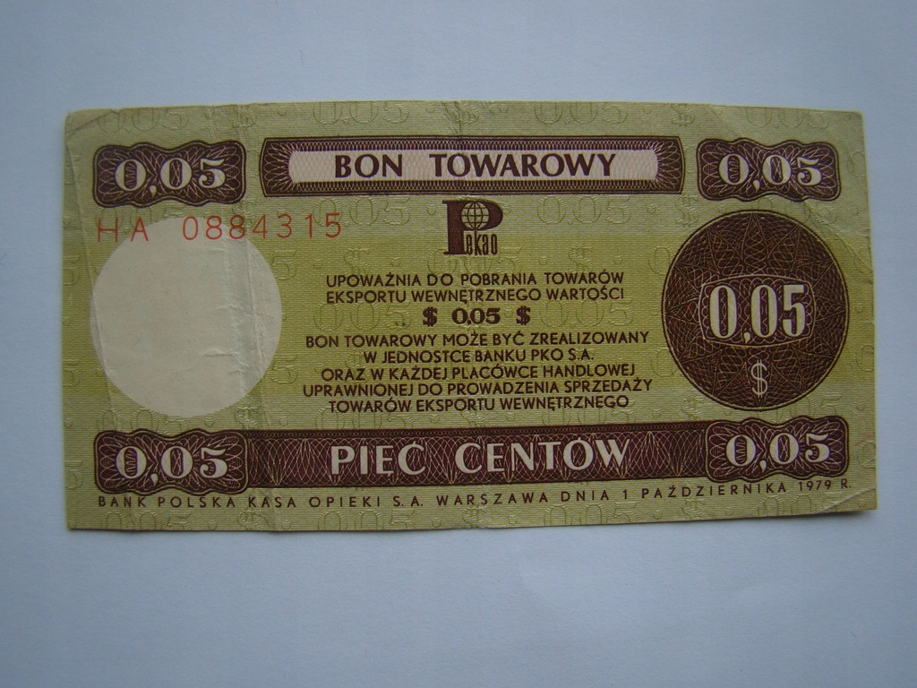 0,05 $ BON TOWAROWY PKO S.A. Seria HA- 01.10.1979r