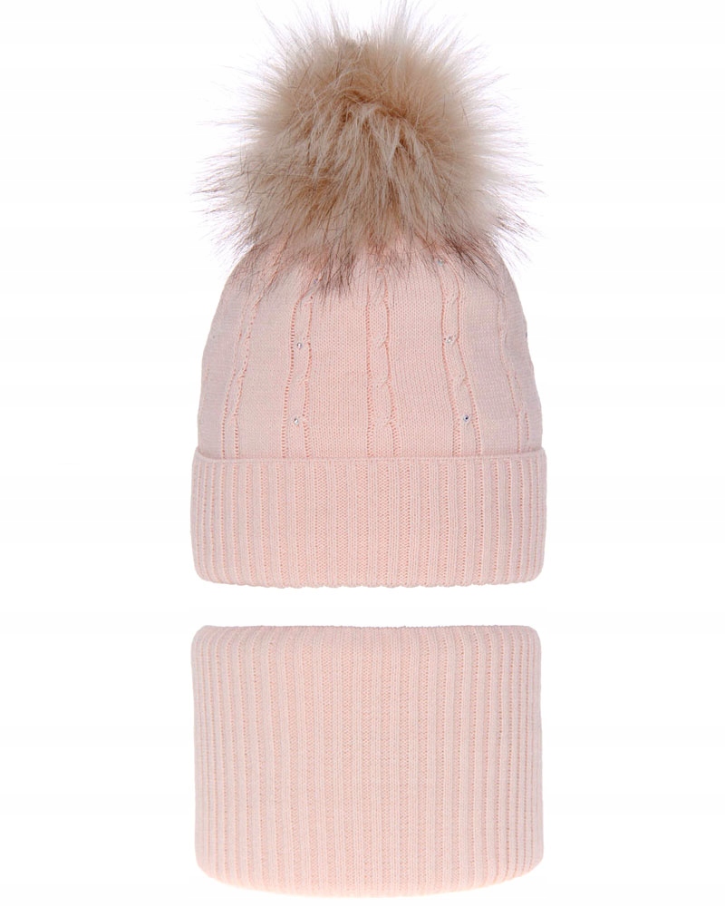 Różowy jasny CIEPŁY komplet zimowy CZAPKA + KOMIN r. 44-48 POLAR 6m-3 lata