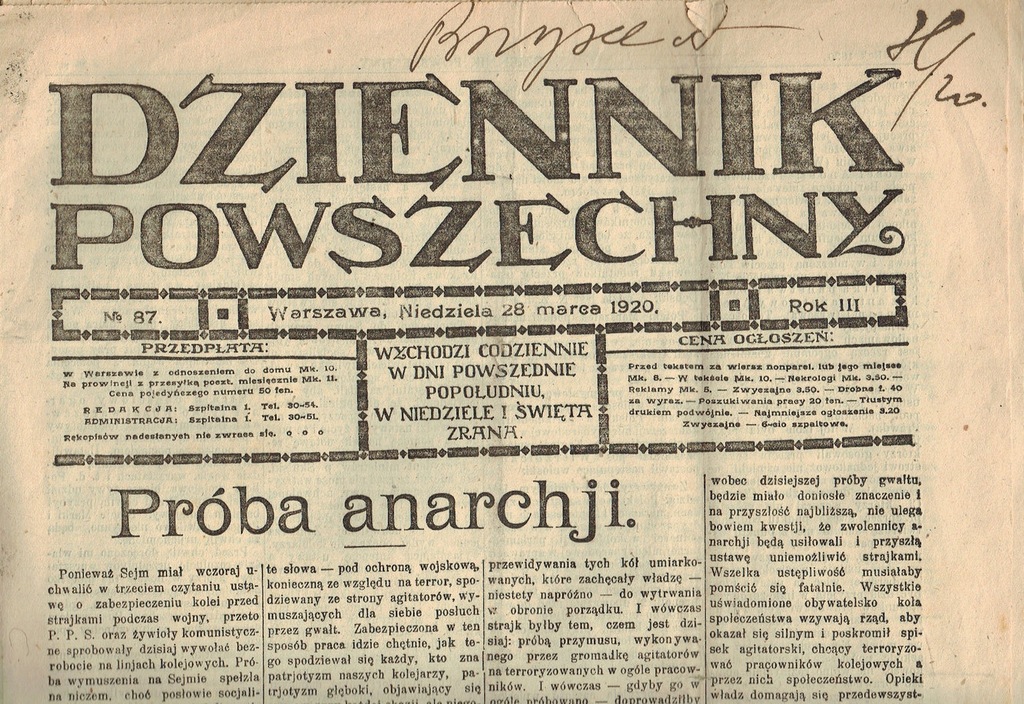 DZIENNIK POWSZECHNY 28.III. 1920 - Próba anarchji
