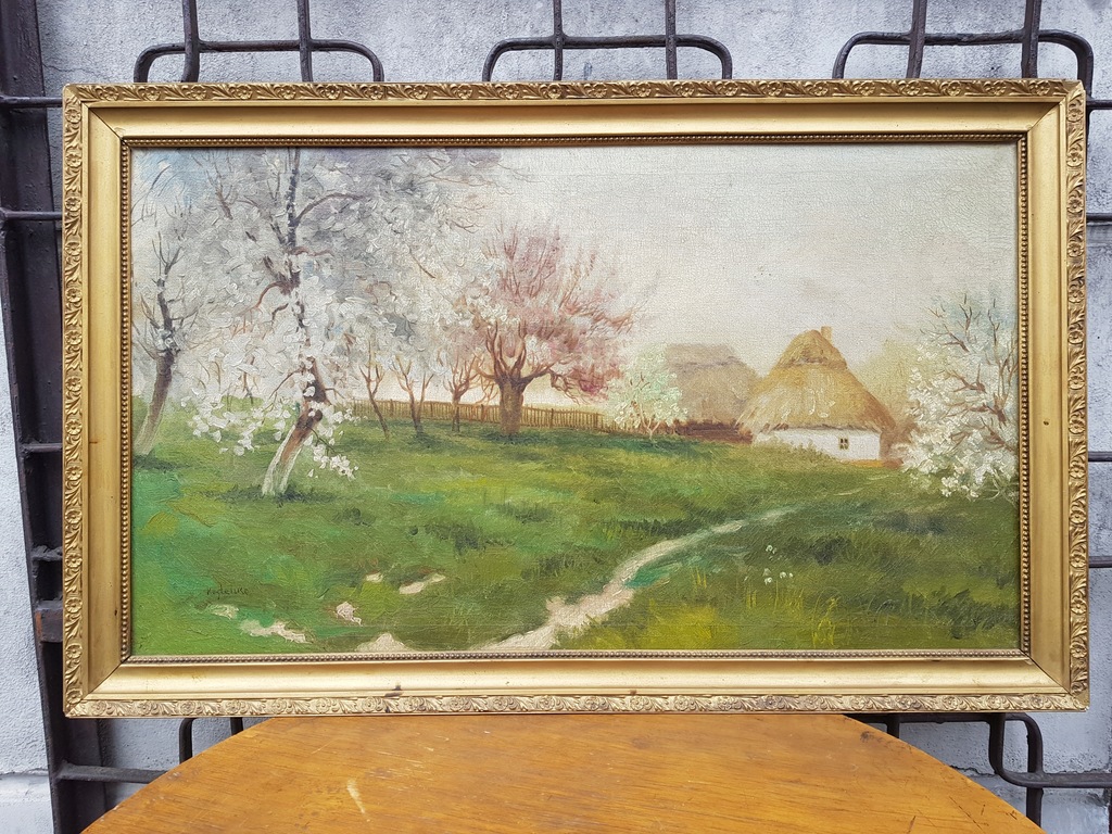 Stary obraz olejny na płótnie pejzaż wiejski Kostenko