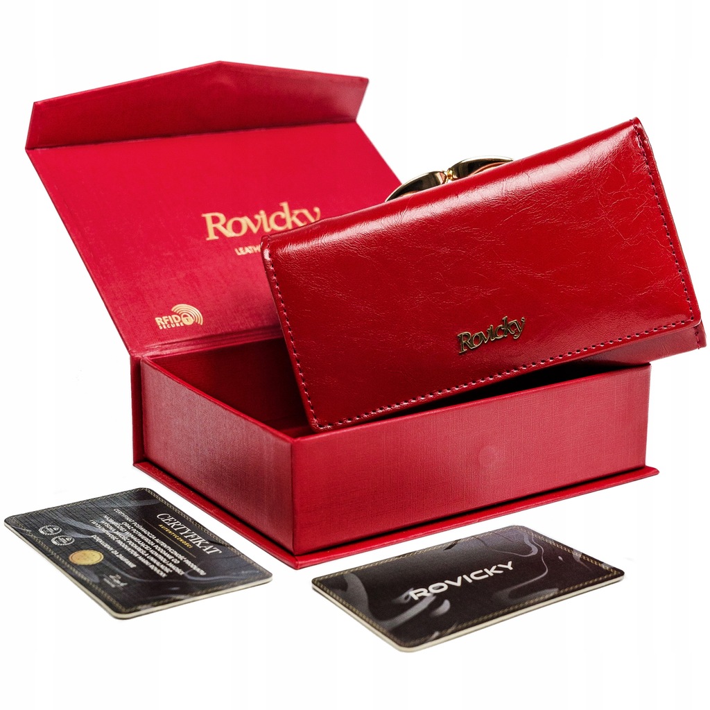 Czerwony portfel damski skórzany Rovicky stop RFID
