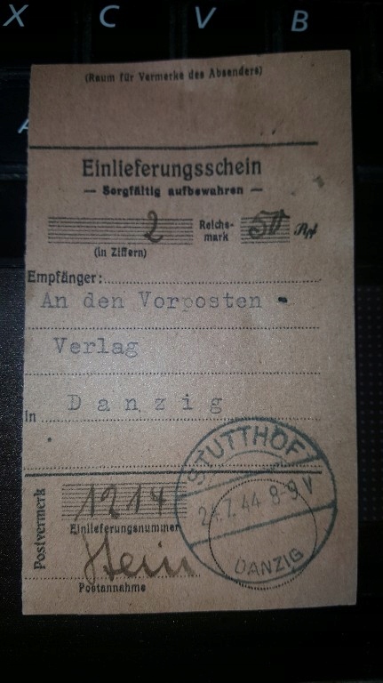 Przekaz pocztowy Stutthof Sztutowo 1944 Danzig