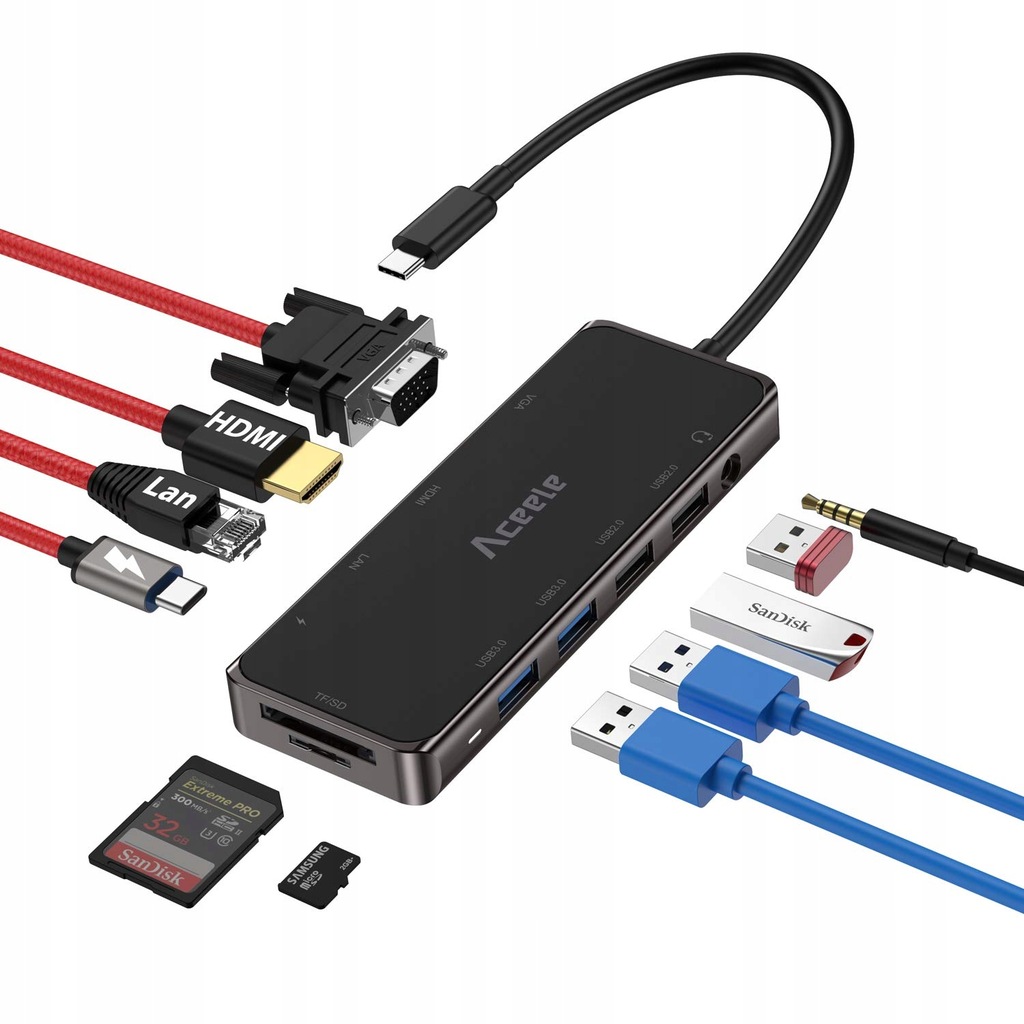 Hub USB Aceele koncentrator USB-c 11 w 1 - HDMI, VGA, RJ45 czytnik kart