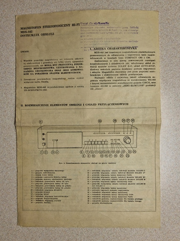UNITRA DIORA INSTRUKCJA OBSŁUGI MAGNETOFON STEROFONICZNY HI-FI MDS-442 !!!!