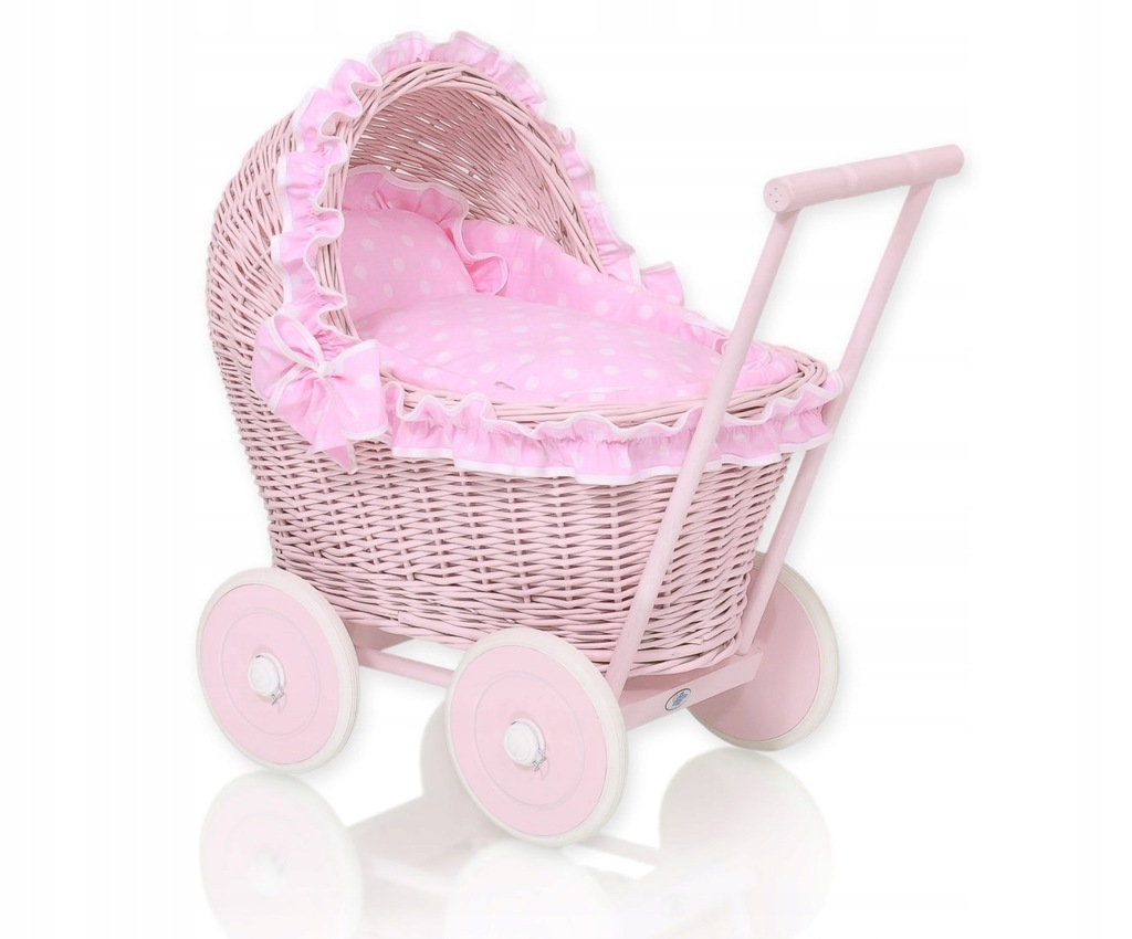 Wiklinowy wózek dla lalek pchacz różowy z różową pościelką i miękką wyściół