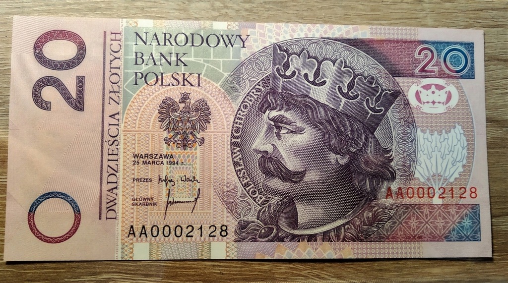 Banknot 20 Złotych 1994 AA0002128 UNC