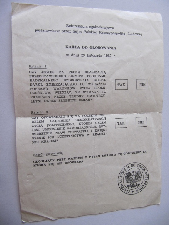 KARTA DO GŁOSOWANIA - REFERENDUM 29.11.1987 - PRL