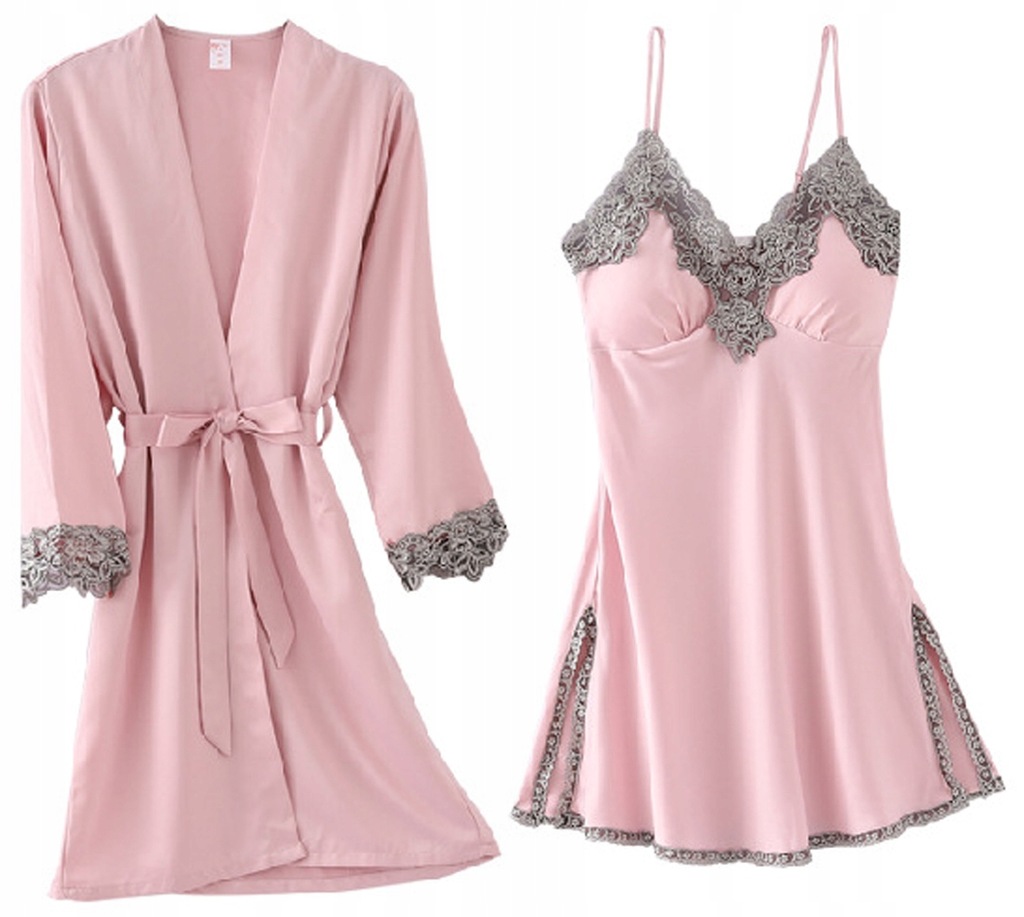 SATYNOWY KOMPLET PIŻAMKA SZLAFROK KOSZULA NOCNA