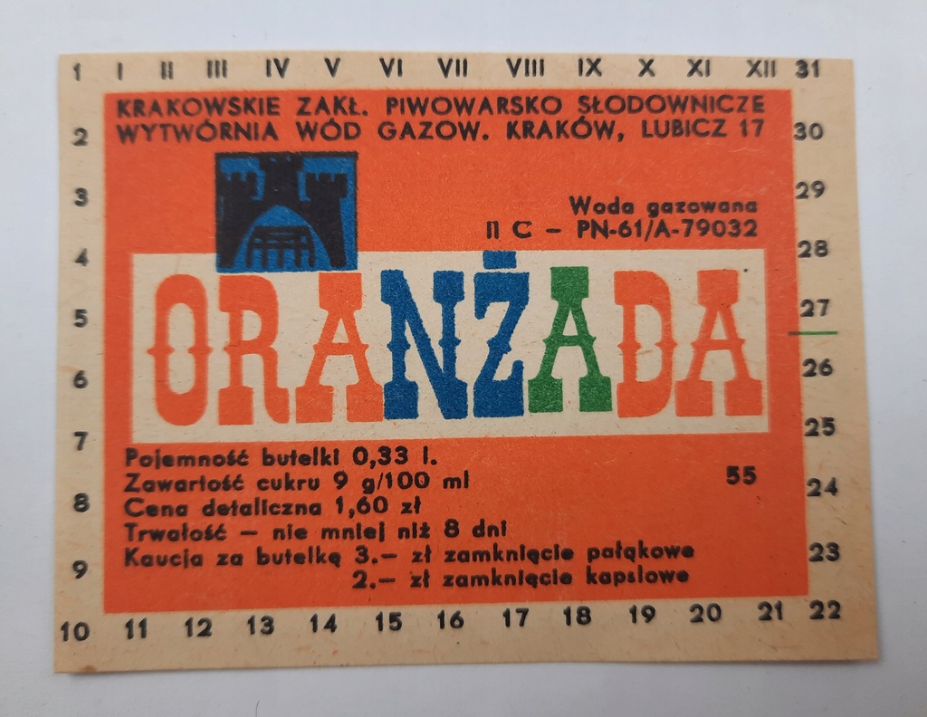 Etykieta oranżada Wytwórnia Wód Gazow. Kraków