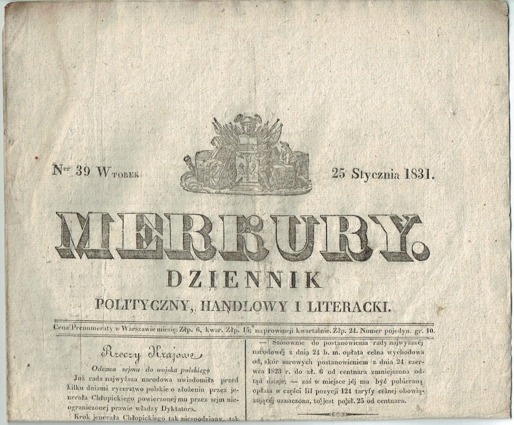 25 I 1831 Dziennik MERKURY - Powstanie Listopadowe
