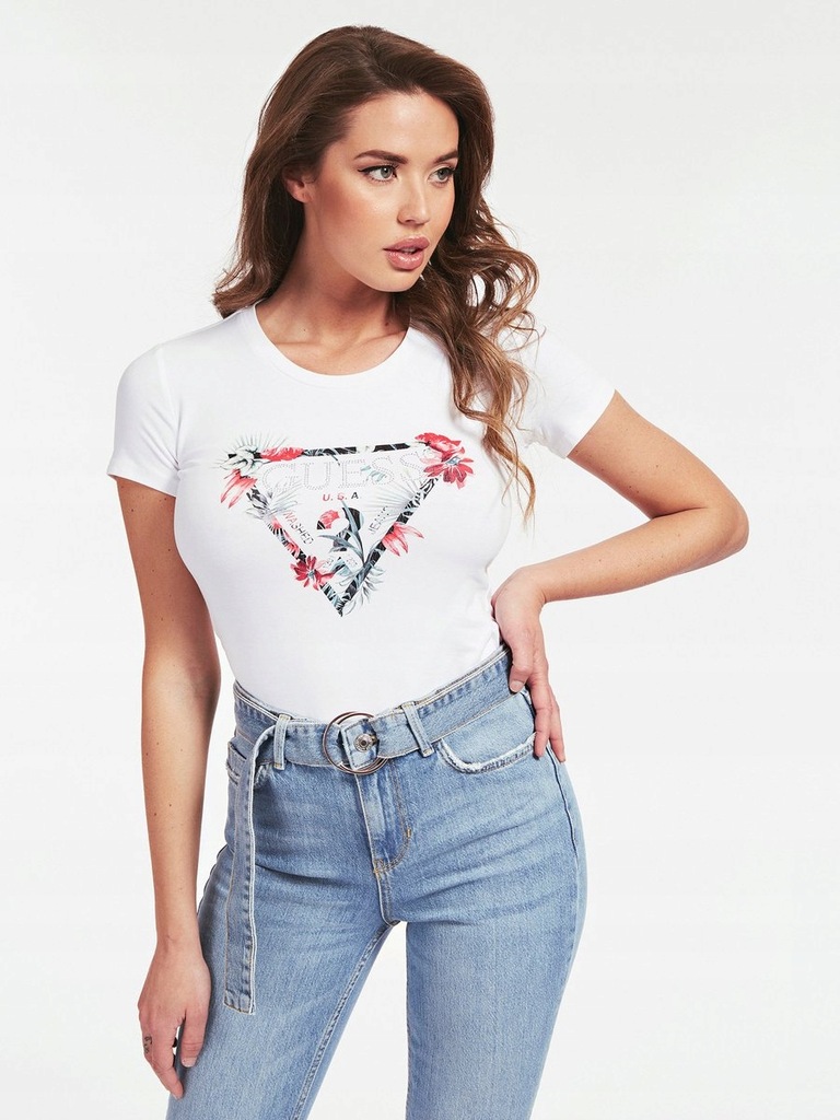 GUESS T-SHIRT DAMSKI BIAŁY ZDOBIONY BASIC 36 2BTB