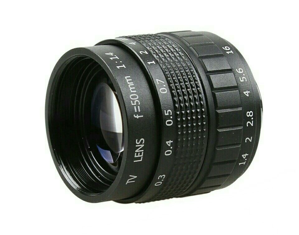 Obiektyw Fujian 50mm F1.4 CCTV C mount + adapter