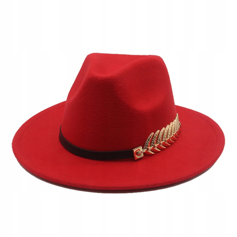 damski kapelusz zdobiony złotym listkiem czerwony 24h