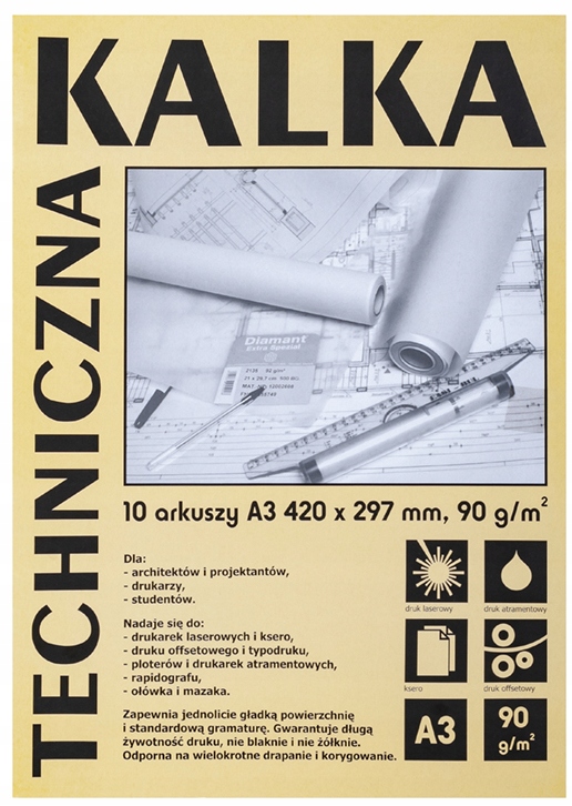 KALKA Do ODBIJANIA WZORÓW Kalka techniczna A3 90 g/m2 Diamant 10 ark., Sihl