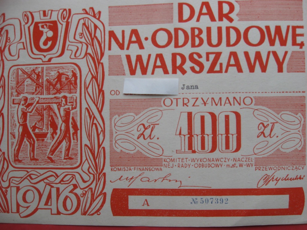 Dar na odbudowę Warszawy 100 zł rok 1946