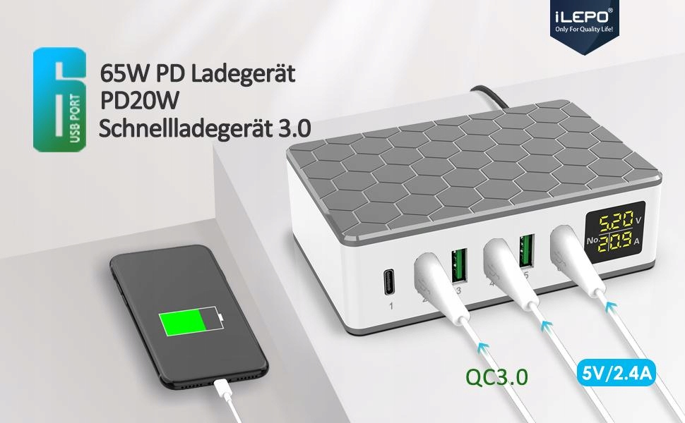 ILEPO Ładowarka USB 6 portów , USB-C, QC3.0