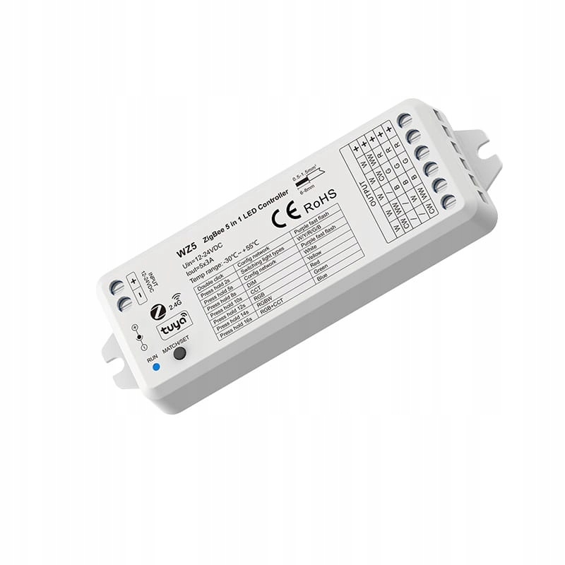 5-channel Zigbee Tuya LED controller 5in1 5x3A 12-24VDC WZ5 RGB CCT