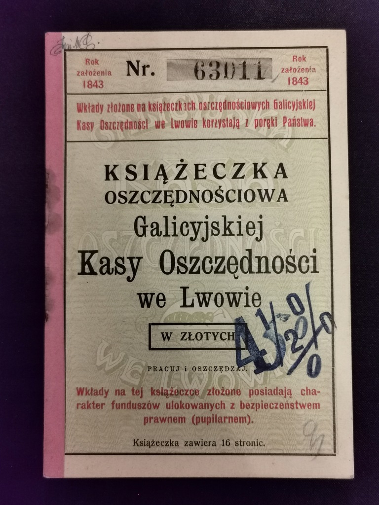 Książeczka Oszczędnościowa Lwów 1937 Galicyjska Kasa Oszczędności -5-