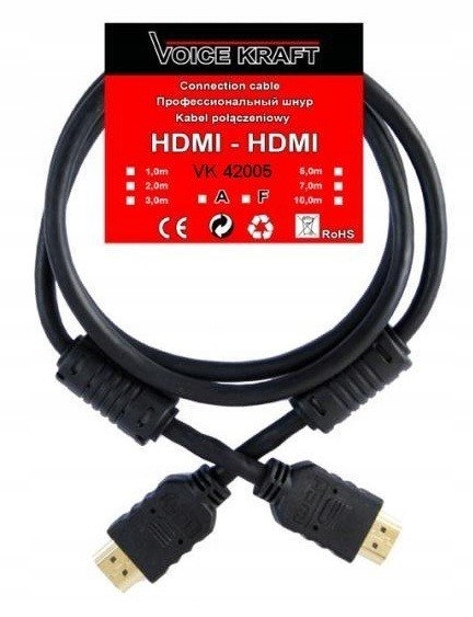 Kabel VoiceKraft HDMI-HDMI 10m Gold PODWÓJNY FILTR
