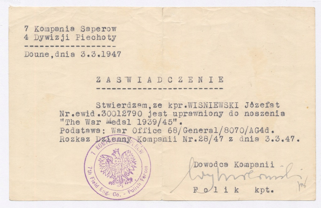 PSZnZ, Zaświadczenie Medal za Wojnę 1939-1945. (773)