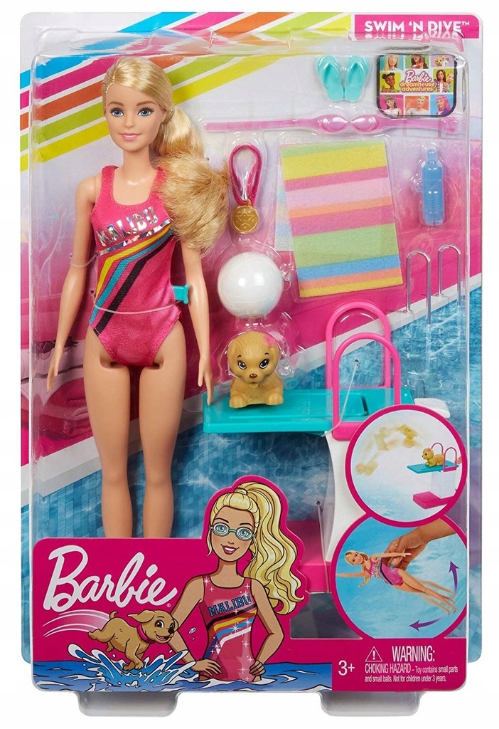 Barbie lalka pływaczka zestaw z pieskiem GHK23