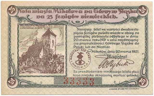 Mikołów - 25 fenigów 1921 * Plebiscyt * nr 33333