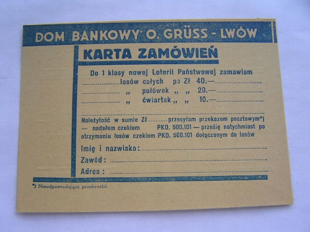 LWÓW DOM BANKOWY GRUSS - LOTERIA PAŃSTWOWA - KARTA