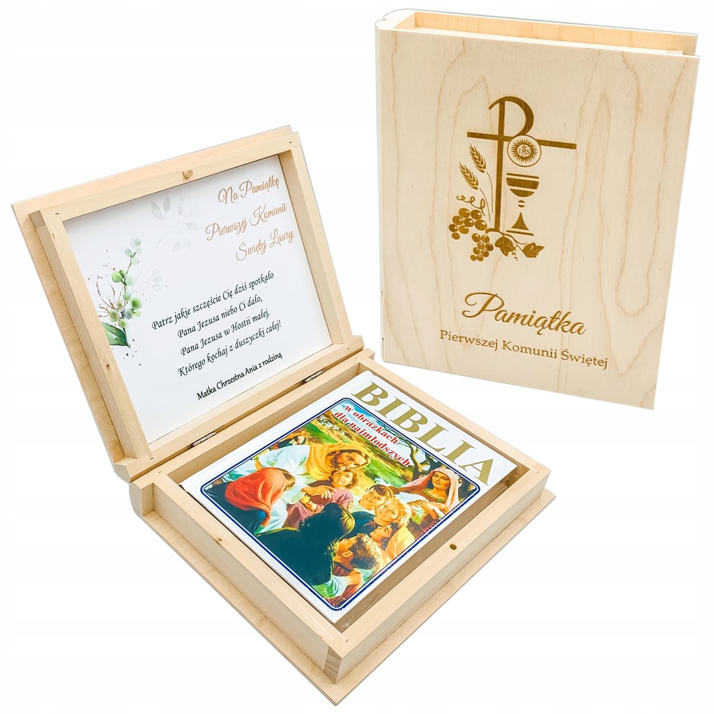 BIBLIA PAMIĄTKA PIERWSZEJ KOMUNII ŚWIĘTEJ PUDEŁKO Z GRAWEREM PREZENT BOX