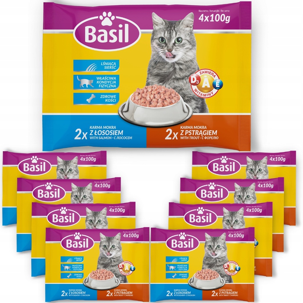 MOKRA Karma Dla Kota BASIL SASZETKI Pstrąg Łosoś (4x100g) x9 opakowań