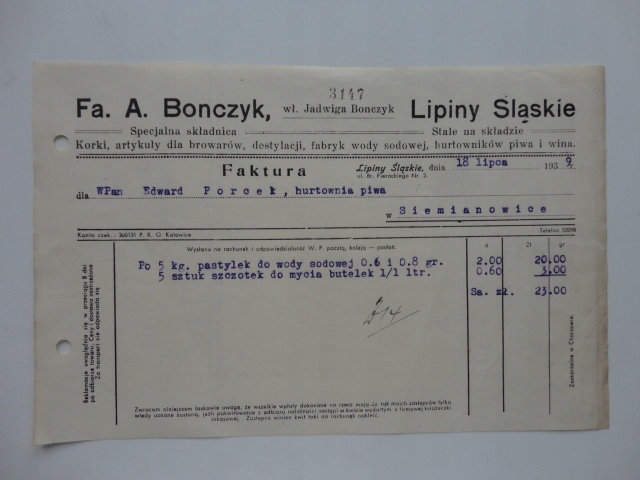 LIPINY SLASKIE BONCZYK HURT PIWA WINA I ARTYKULY DO BROWAROW 1939 ROK