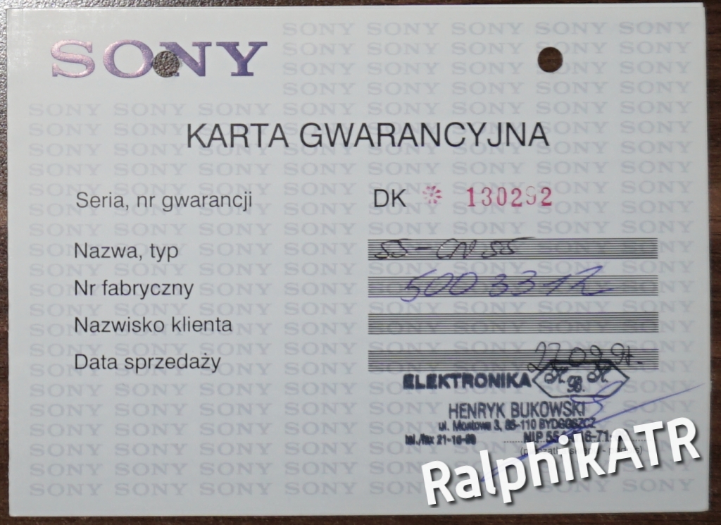 -= KARTA GWARANCYJNA SONY SS CN 55 =-