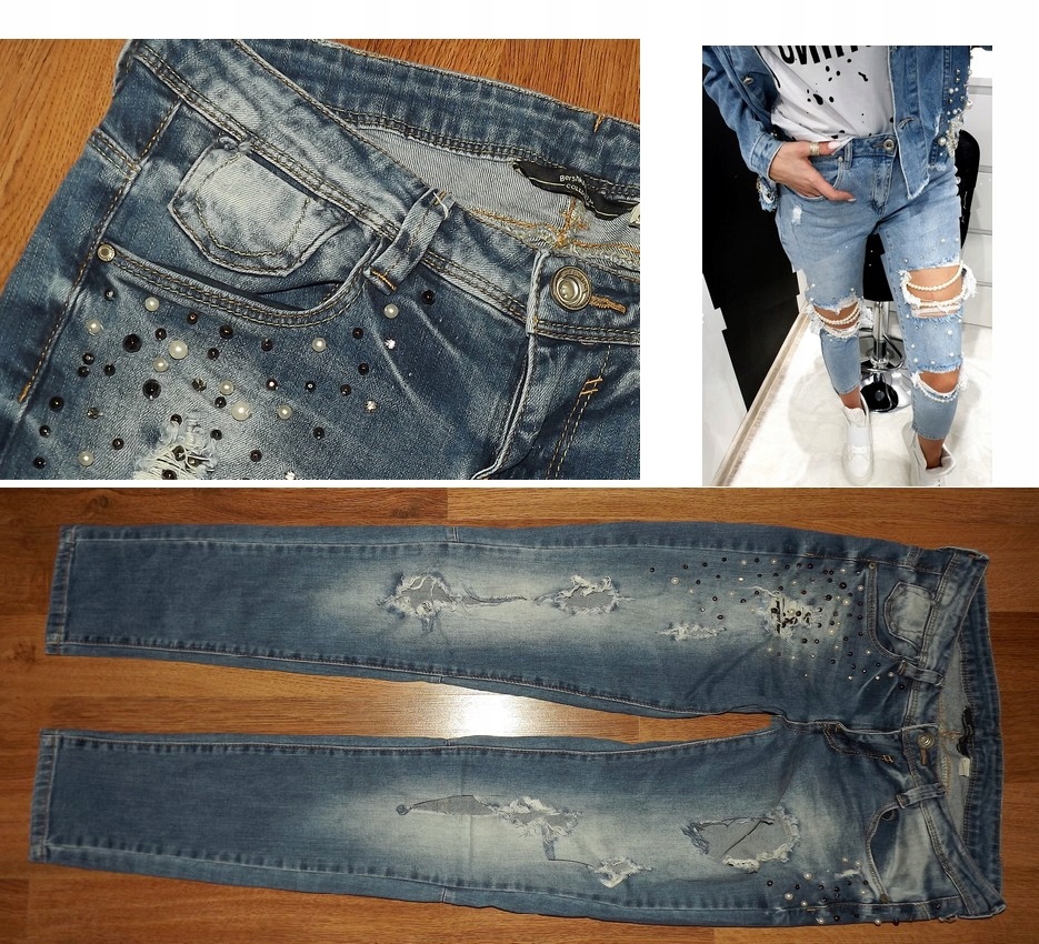 BERSHKA spodnie jeansy przetarcia dziury perełki M