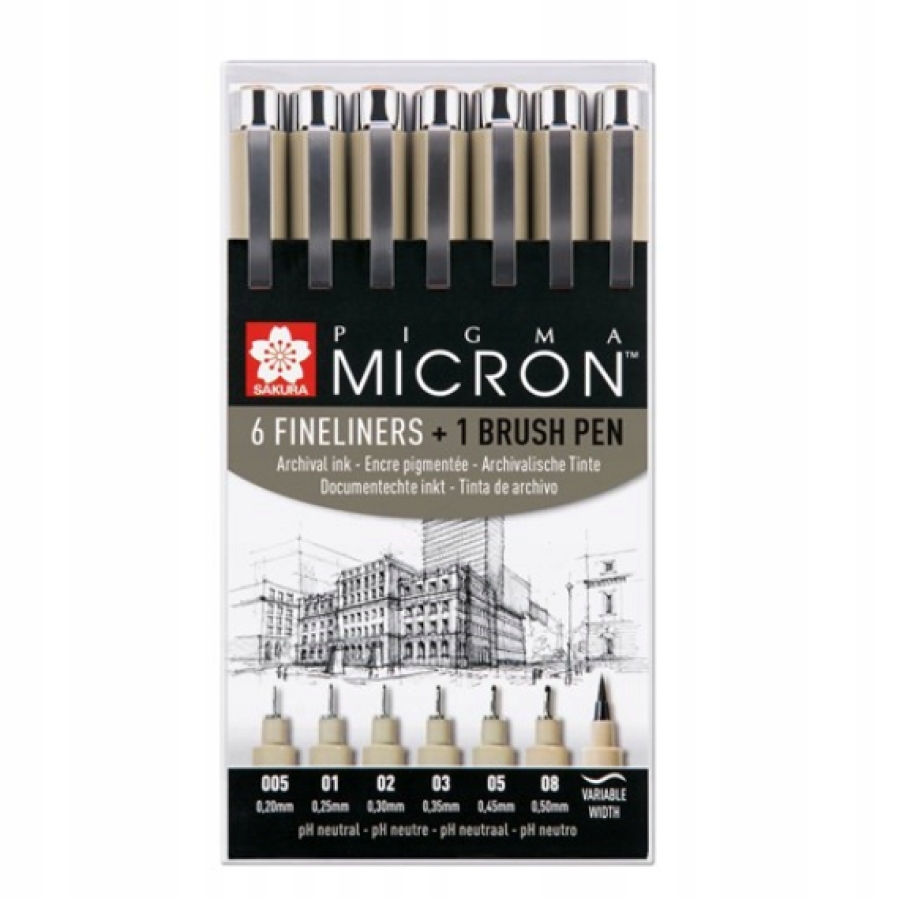 Pigma Micron 6 szt + brush pen Zestaw cienkopisów precyzyjnych