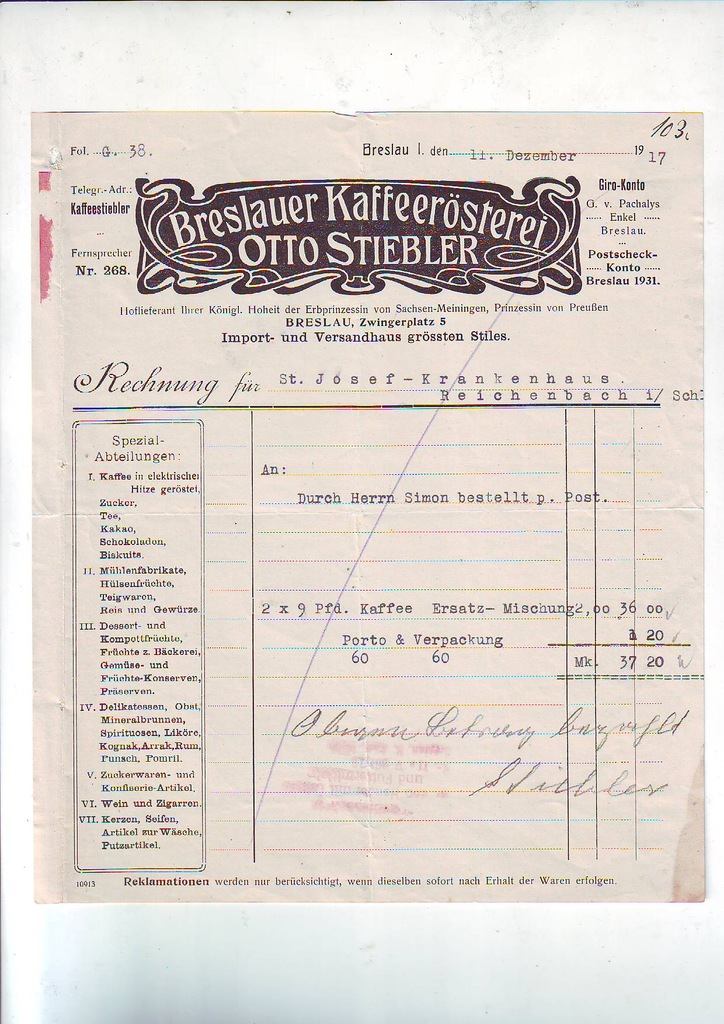 rachunek Bresl. Kafferosterei Wrocław, 1917