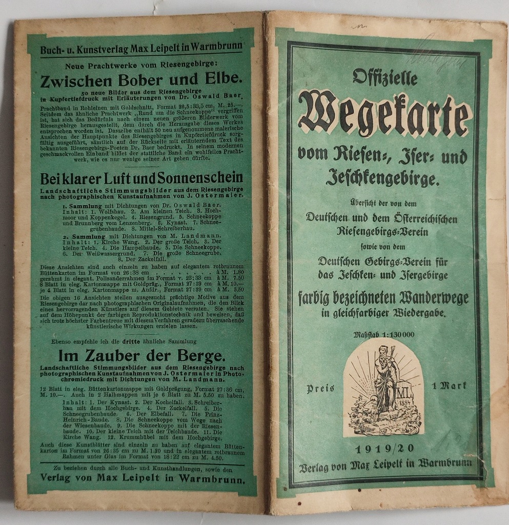 Mapa turystyczna Riesengebirge Karkonosze 1919/20 Dużo reklam