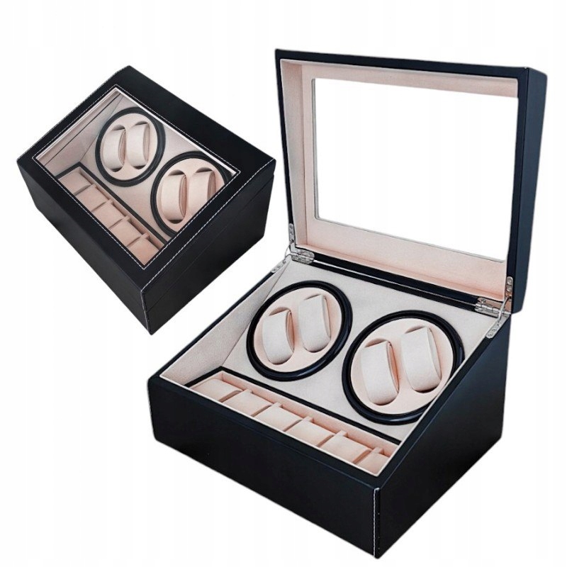 ROTOMAT NA ZEGAREK AUTOMATYCZNY, EKOSKÓRA OBSZYTA SZKATUŁKA GABLOTKA 31X24X