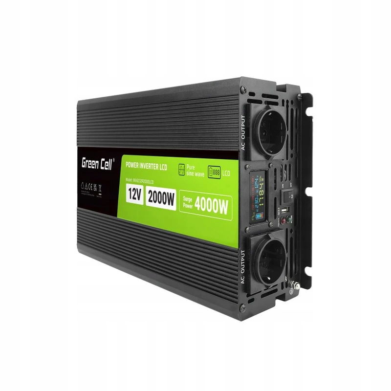 GREEN CELL PRZETWORNICA LCD 12V/230V 2000W/4000W CZYSTY SINUS