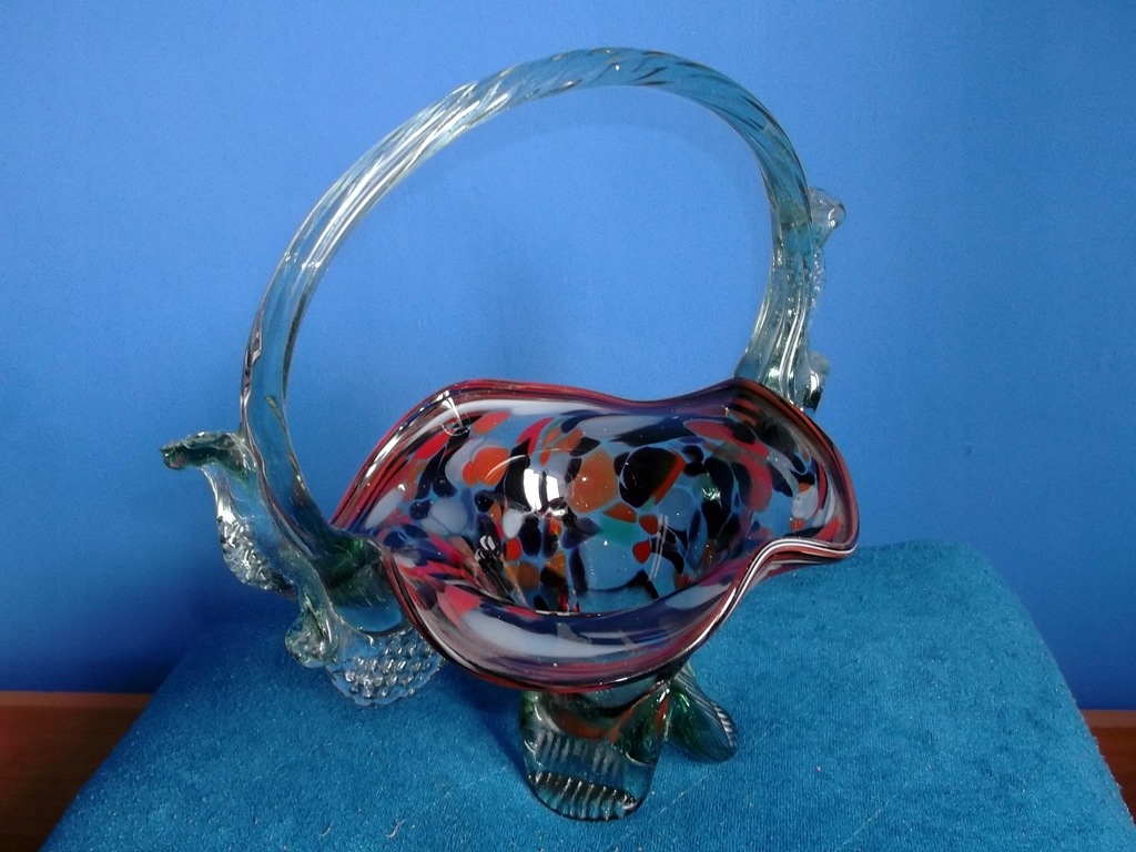 KOSZYK Szklany PRL - Wysoki 28 cm Kolorowe szkło