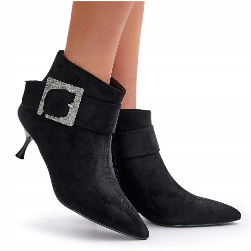 BOTKI DAMSKIE NISKIE SZPILKA ZAMEK OZDOBNA KLAMRA NOSKI W SZPIC CZARNE 39