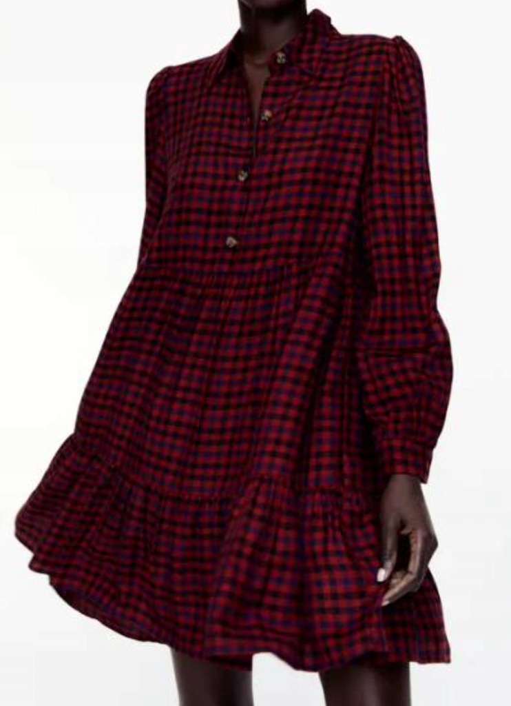 Zara, Sukienka mini w kratkę Vichy, falbany.