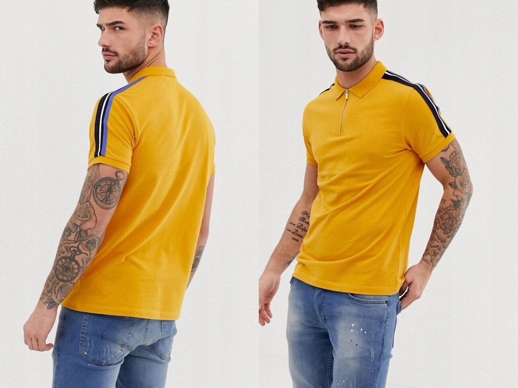 Bershka - Żółta Koszulka Polo z Lampasami S