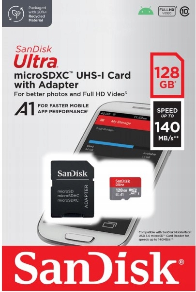 Купить Карта SanDisk microSDXC 128 ГБ, 140 МБ/с + SD-адаптер: отзывы, фото, характеристики в интерне-магазине Aredi.ru