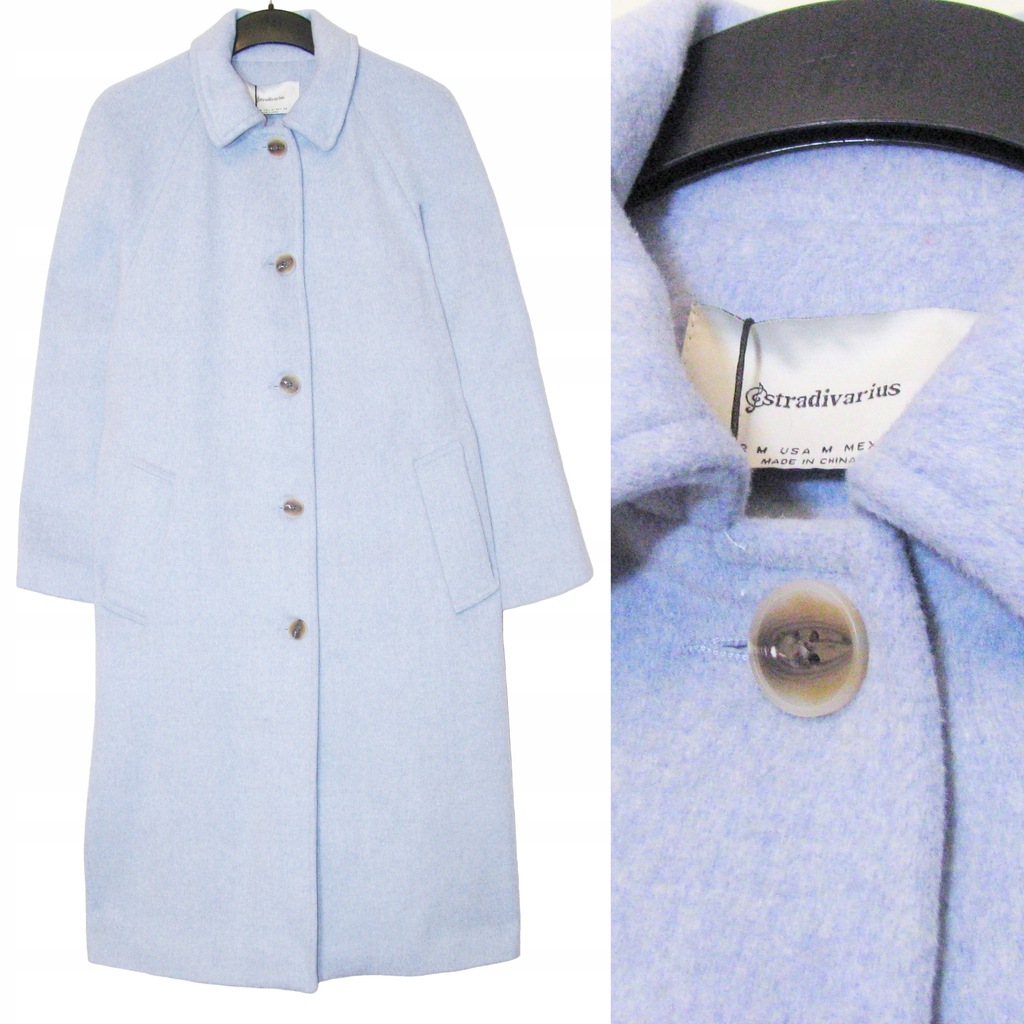 STRADIVARIUS Długi NIEBIESKI Płaszcz z WEŁNĄ LUX M