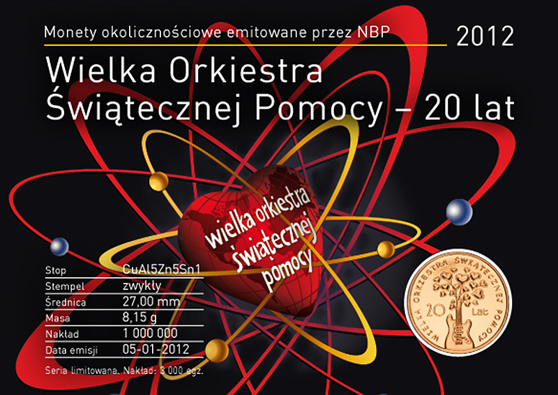 Blister z monetą 20 lat WOŚP - 2 zł NG 2012 UNIKAT