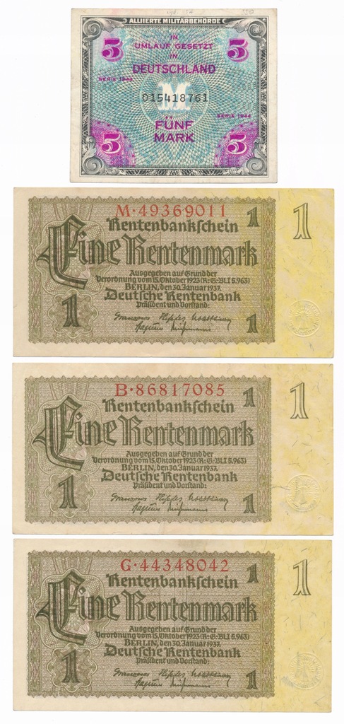 Niemcy, 1 marka 1937, 5 marek 1944, Zestaw 4 sztuki