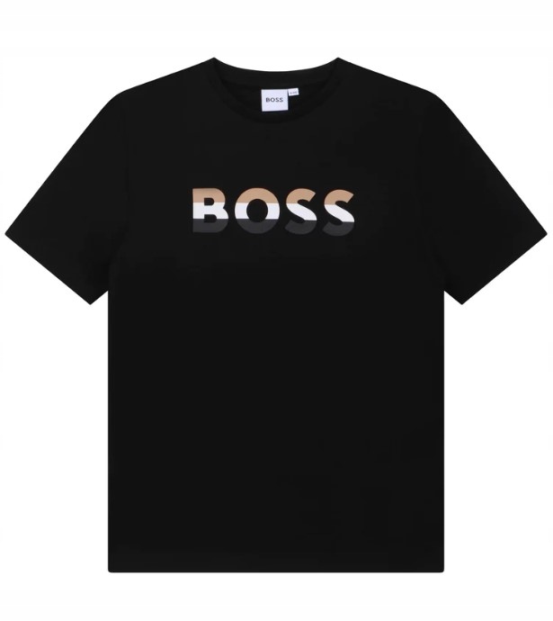 CZARNY T-SHIRT TRÓJKOLOROWE LOGO BOSS 6 LAT 114CM