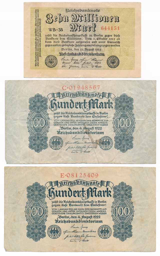 Niemcy, 100 marek 1922, 10.000.000 marek 1923, Zestaw 3 sztuki