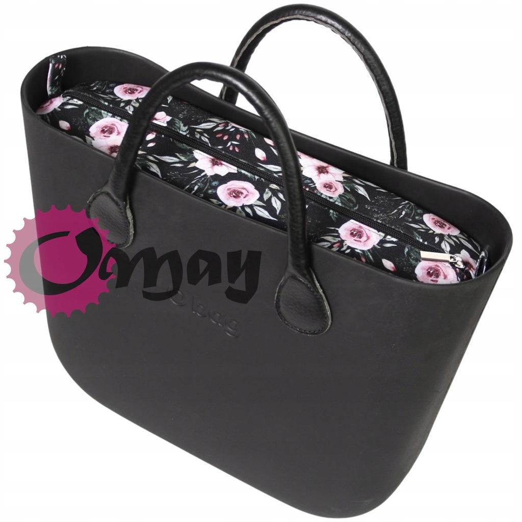 organizer OBAG MINI róże czarne kwiaty pudrowy róż wkład 2 kieszenie OMAY