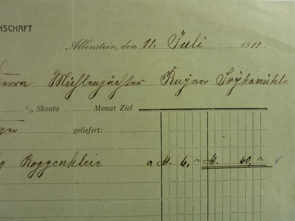 Rachunek - Allenstein - Olsztyn - Warmia - 1911