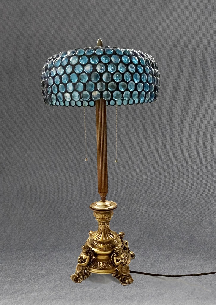 Stara mosiężna lampa gabinetowa / biurkowa z niebieskim kloszem